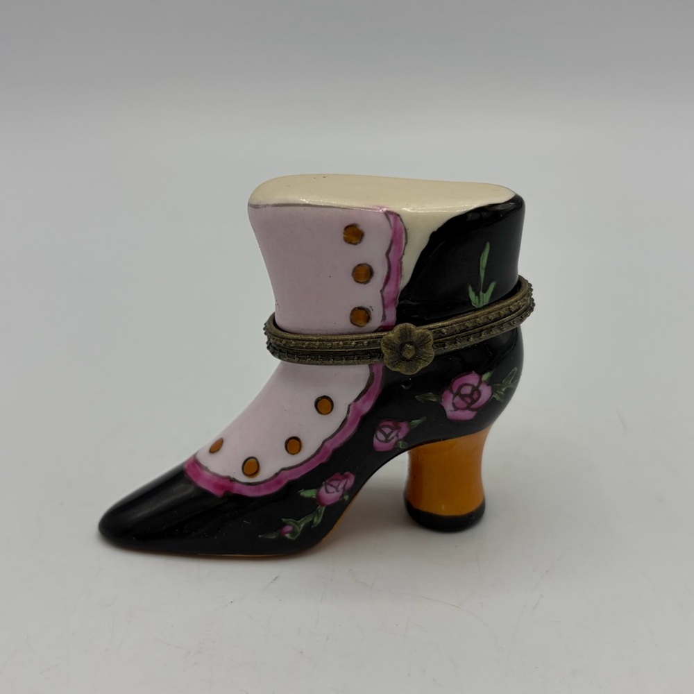 Vintage Limoges France Style Trinket/Pill Box Porcelain Boot High Heel Shoe Form